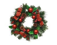 Krone mit roten Kugeln, Bändern und Tannenzapfen - Diam 30 cm