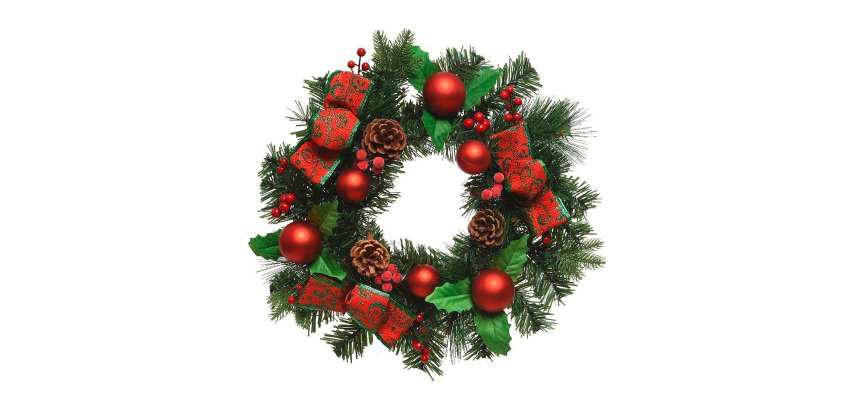 Couronne avec boules rouges, rubans et pommes de pins - Diam 30 cm