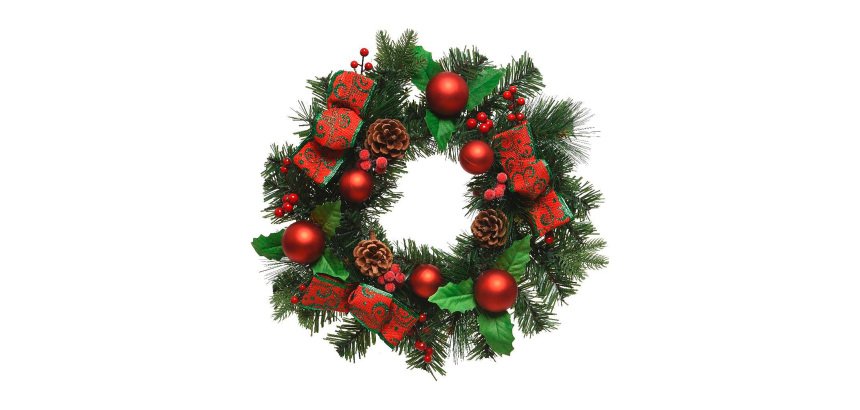 Couronne avec boules rouges, rubans et pommes de pins - Diam 30 cm