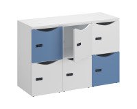 Drawer desk lockers 6 compartments white- H 87.9 cm- white/blue mixed doors- code lock + emergency key