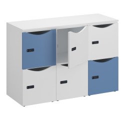 Casier bureau lockers 6 cases corps blanc - H 87,9 cm - portes mixte blanc/bleu - serrure à code + clé de secours