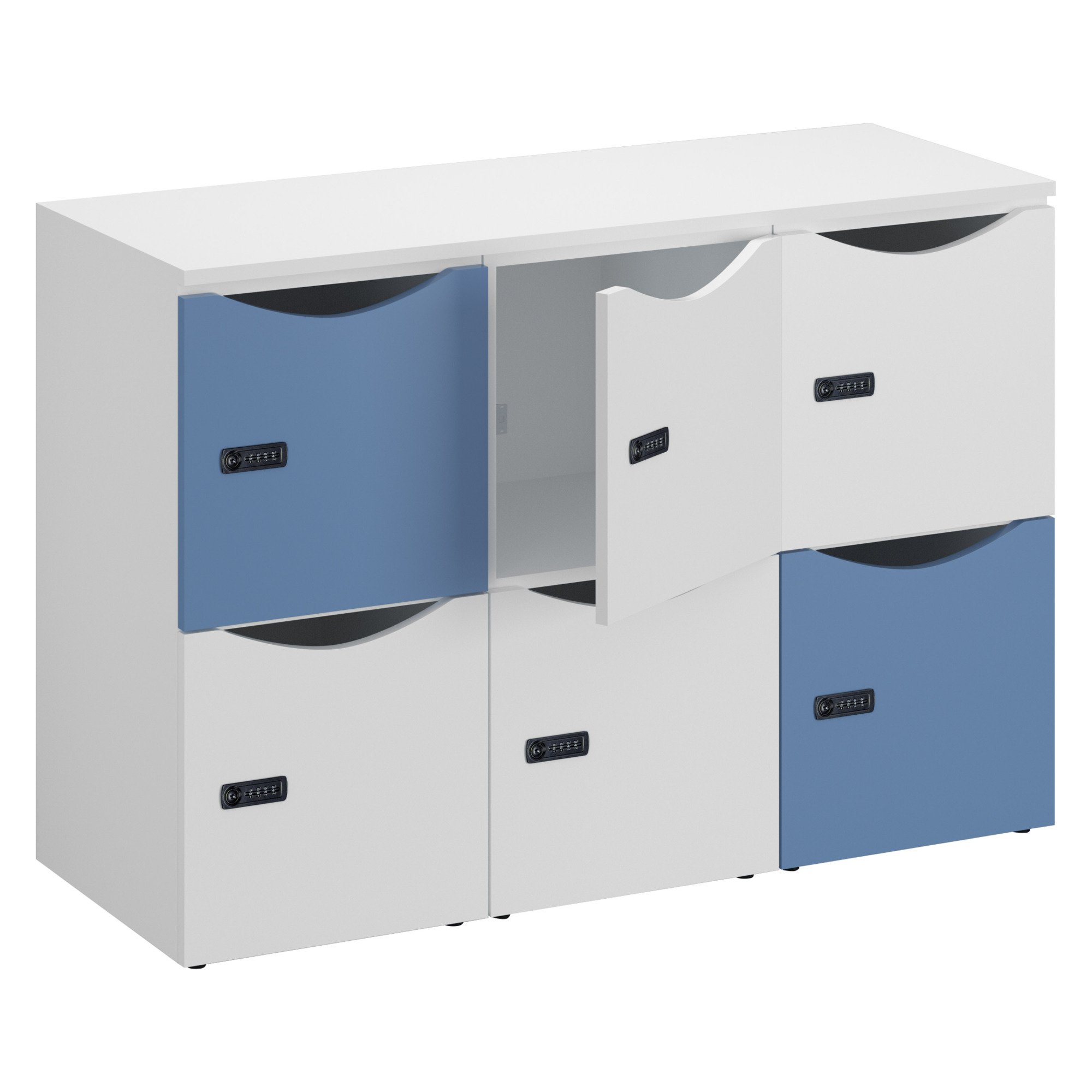 Casier bureau lockers 6 cases corps blanc - H 87,9 cm - portes mixte blanc/bleu - serrure à code + clé de secours