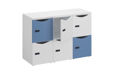 Casier bureau lockers 6 cases corps blanc - H 87,9 cm - portes mixte blanc/bleu - serrure à code + clé de secours