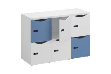 Casier bureau lockers 6 cases corps blanc - H 87,9 cm - portes mixte blanc/bleu - serrure à code + clé de secours