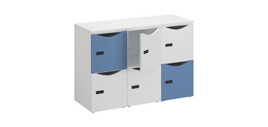 Casier bureau lockers 6 cases corps blanc - H 87,9 cm - portes mixte blanc/bleu - serrure à code + clé de secours
