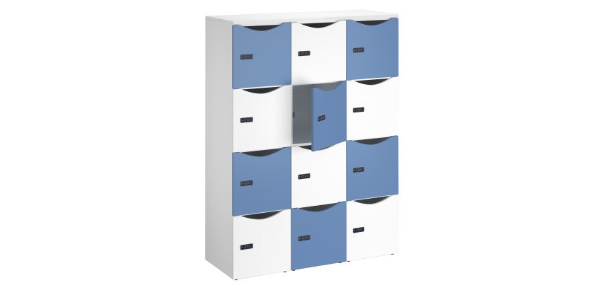 Büro-Holzspind Schließfächer 12 Fächer weißer Korpus Türmix weiß blau H 170,9 cm