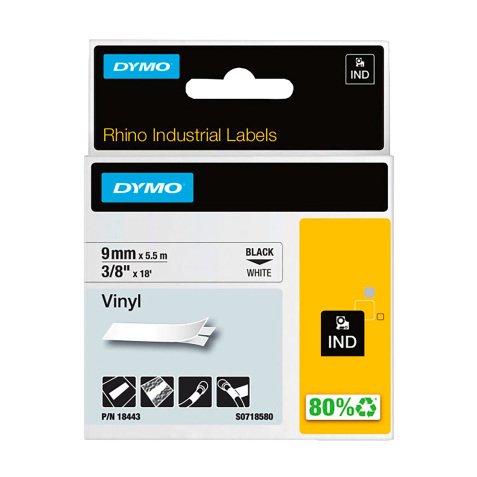 Band Vinyl Dymo Rhino 9 mm 18443 weiß schwarze Schrift