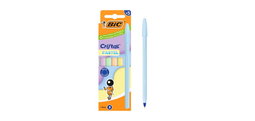 Stylo bille Bic Cristal Pastel à capuchon pointe 1 mm écriture moyenne - Pochette de 5