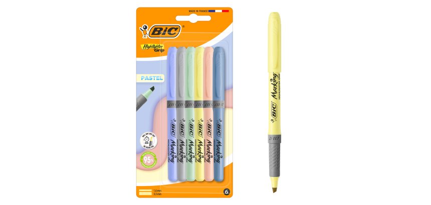 Surligneur Bic Highlighter Grip Pastel - Pochette de 6