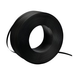 Coil of black polypropylene strapping tape 12 mm x 1000 meters in a dispensing box