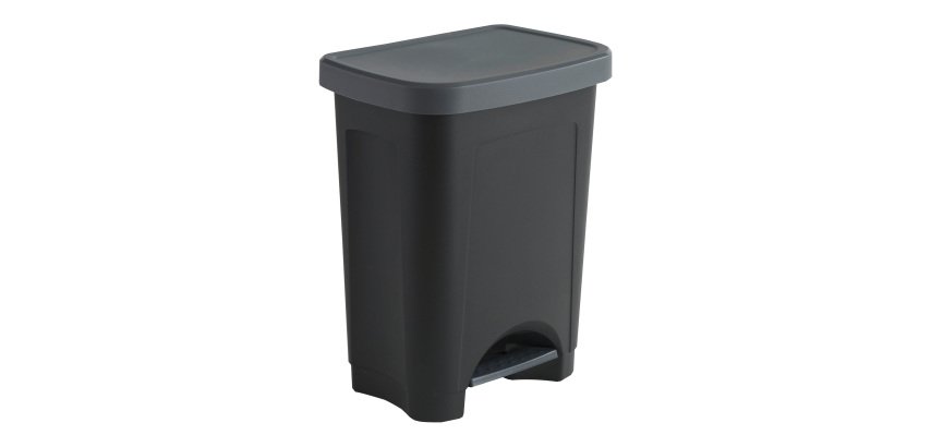 Poubelle plastique 50 litres rectangle à pédale, corps noir, couvercle gris