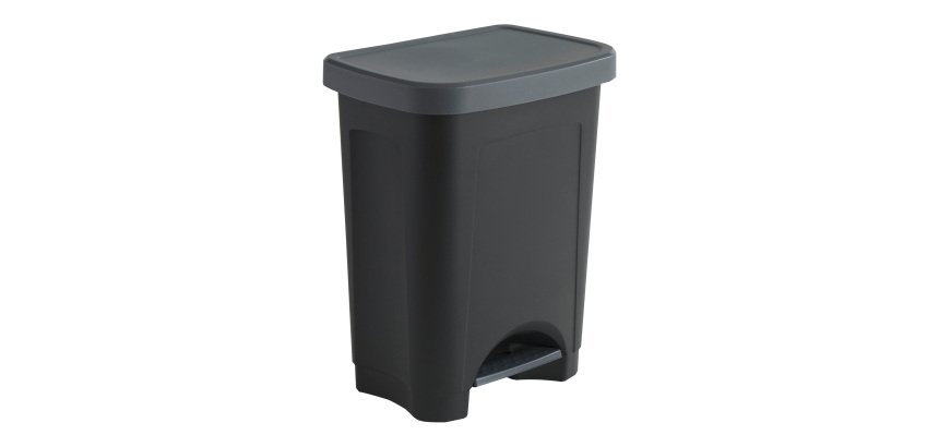 Poubelle plastique 50 litres rectangle à pédale, corps noir, couvercle gris