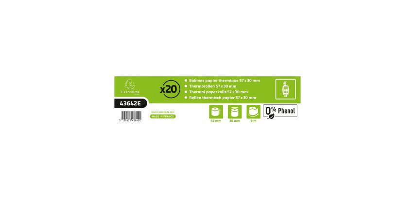Bobines Terminaux bancaires Exacompta 43642E - l 57 mm x L 9 m, Ø 30 mm - 1 pli(s) - paquet de 20
