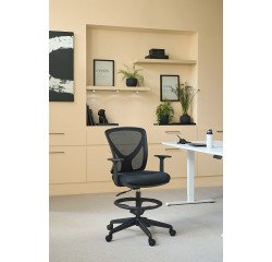 Chaise de bureau haute Valen - tissu et maille - mécanisme haut/bas - accoudoirs - repose pied - piètement à roulettes