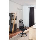 Chaise de bureau ergonomique NODI Noir, tissu et maille, avec accoudoirs 3D et appui-tête, mécanisme synchrone + réglage profondeur d'assise, pieds noirs