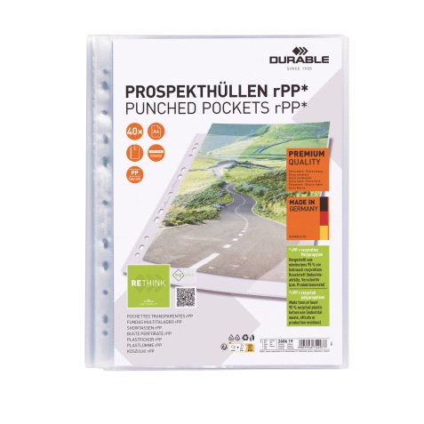 Pochettes perforées Durable Prenium A4 polypropylène grainé 8/100e - Sachet de 40