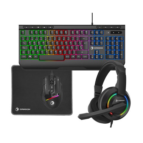 Kit gaming Dragon Teclado, ratón, auriculares y alfombrilla.
