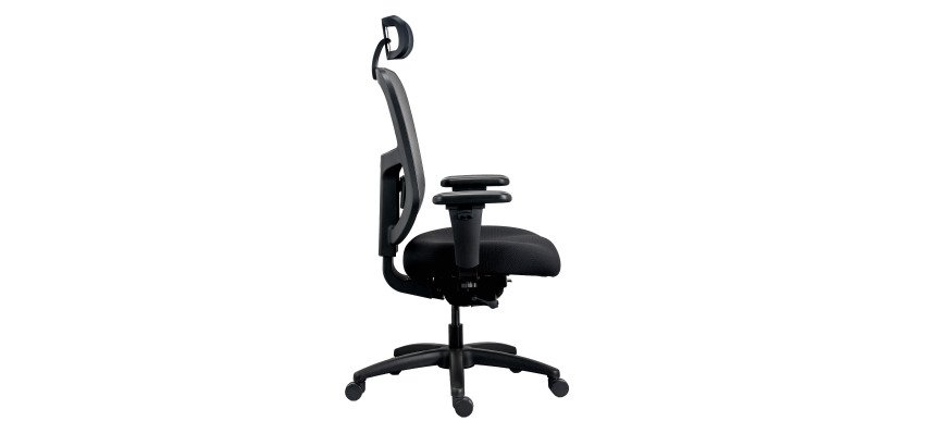 Bürostuhl ergonomisch XL - KING SIZE - Stoff und Mesh Schwarz - Großzügige Sitzfläche - 4D-Armlehnen - Kopfstütze - Lendenwirbelstütze - Synchronmechanismus mit Sitztiefenverstellung