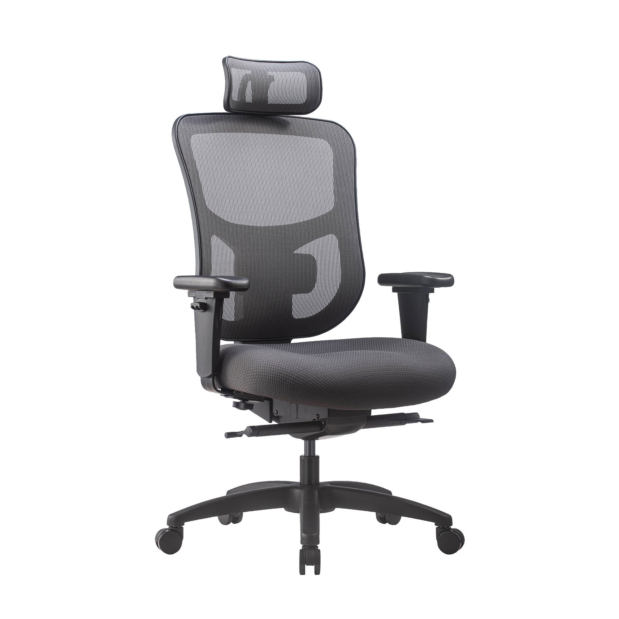 Chaise de bureau ergonomique KING SIZE - Tissu et maille noir - Assise généreuse - Accoudoirs 4D - Appui tête - Soutien Lombaire - Mécanisme synchrone avec réglage profondeur d'assise