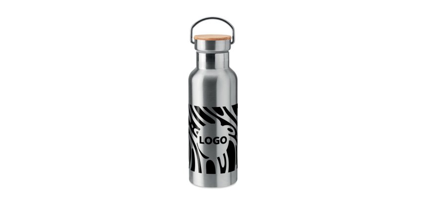 Promotional stainless steel insulated water bottle with bamboo lid - 0.5 L capacity - 1-color imprint