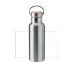 Bouteille isotherme publicitaire en acier inoxydable avec bouchon en bambou - contenance 0,5 L - marquage 1 couleur