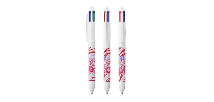 Stylo bille Bic 4 couleurs Original rétractable publicitaire blanc pointe 1 mm - écriture moyenne - marquage multicolore