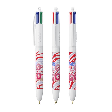 Stylo bille Bic 4 couleurs Original rétractable publicitaire blanc pointe 1 mm - écriture moyenne - marquage multicolore