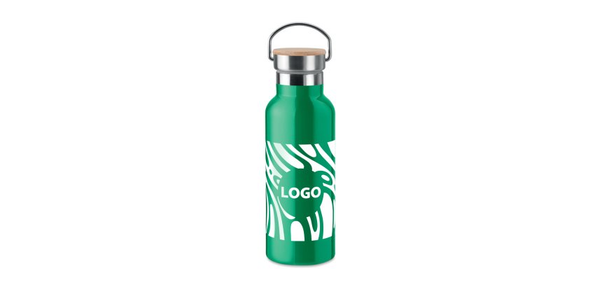 Promotional stainless steel insulated water bottle with bamboo lid - 0.5 L capacity - 1-color imprint