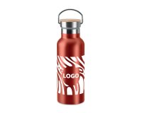 Werbethermosflasche aus Edelstahl mit rotem Bambusdeckel - Fassungsvermögen 0,5 L - 1-farbiger Druck