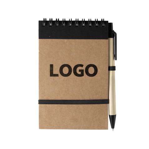 Bloc-notes recyclé ligné 14 x 9 cm avec stylo publicitaire - marquage 1 couleur