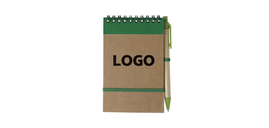 Recycled lined notepad 14 x 9 cm with promotional pen - 1 color imprint