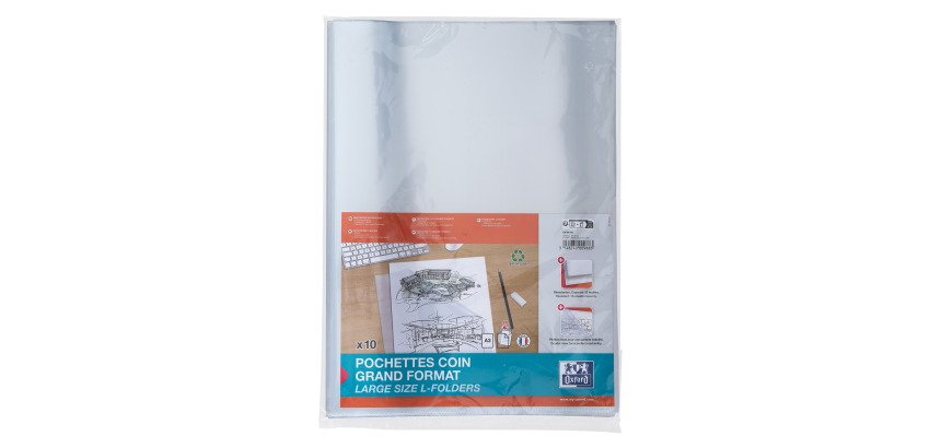 Chemise coin plastique Oxford A3 polypropylène 17/100e transparente incolore - Paquet de 10