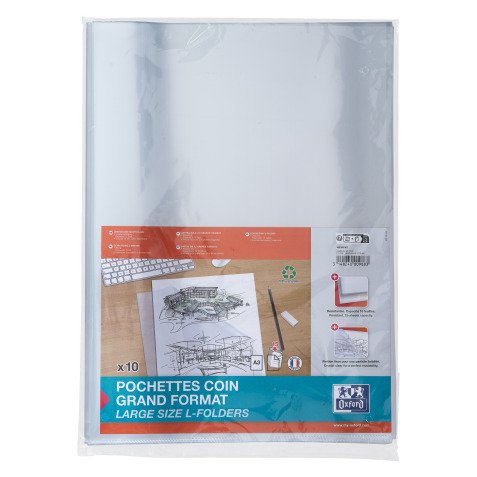 Chemise coin plastique Oxford A3 polypropylène 17/100e transparente incolore - Paquet de 10