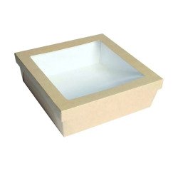 Caja cuadrada de cartón marrón con tapa ventana "Kray" 24,5 x 24,5 x 8 cm y 4200 ml - Paquete de 100 unidades