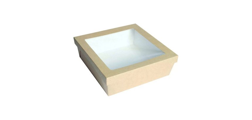 Caja cuadrada de cartón marrón con tapa ventana "Kray" 24,5 x 24,5 x 8 cm y 4200 ml - Paquete de 100 unidades