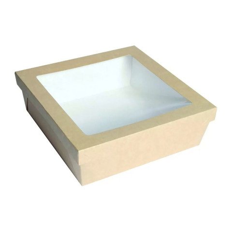 Caja cuadrada de cartón marrón con tapa ventana "Kray" 24,5 x 24,5 x 8 cm y 4200 ml - Paquete de 100 unidades