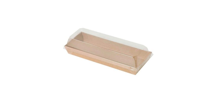 Bandeja para sushi de cartón kraft marrón con tapa de plástico 20,9 x 7,8 x 2,5 cm - Paquete de 300 unidades