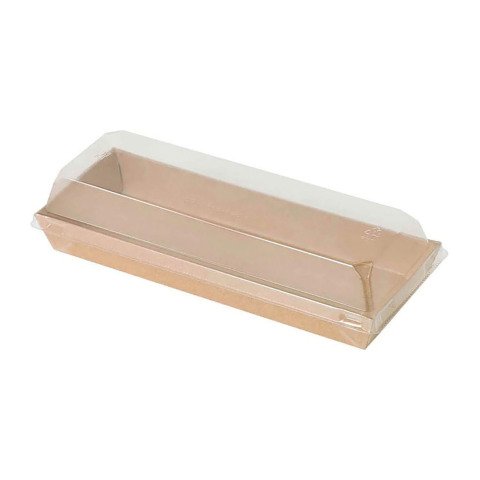 Bandeja para sushi de cartón kraft marrón con tapa de plástico 20,9 x 7,8 x 2,5 cm - Paquete de 300 unidades