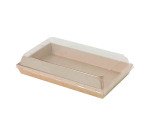 Bandeja para sushi de cartón kraft marrón con tapa de plástico de 22,5x13,8 x 2,5 cm- Paquete de 300 unidades