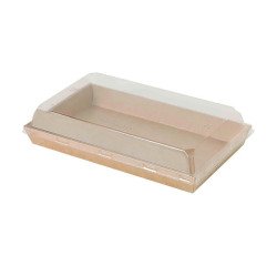 Bandeja para sushi de cartón kraft marrón con tapa de plástico de 22,5x13,8 x 2,5 cm- Paquete de 300 unidades