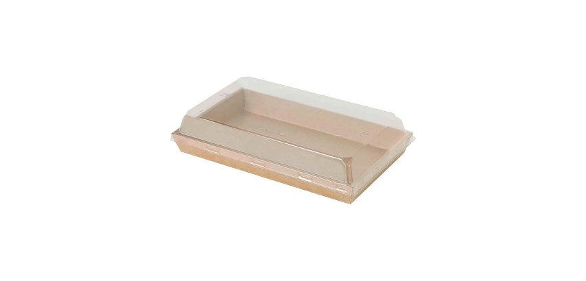 Bandeja para sushi de cartón kraft marrón con tapa de plástico de 22,5x13,8 x 2,5 cm- Paquete de 300 unidades