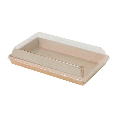 Bandeja para sushi de cartón kraft marrón con tapa de plástico de 22,5x13,8 x 2,5 cm- Paquete de 300 unidades