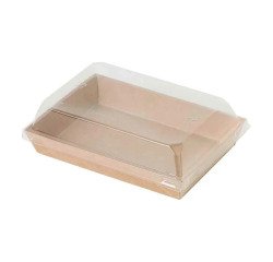 Bandeja para sushi de cartón kraft marrón con tapa de plástico de 15,3 x 10,2 x 2,5 cm- Paquete de 300 unidades