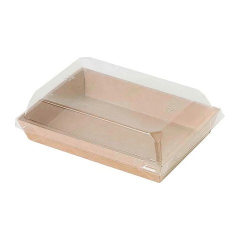 Bandeja para sushi de cartón kraft marrón con tapa de plástico de 15,3 x 10,2 x 2,5 cm- Paquete de 300 unidades