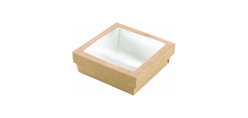 Caja cuadrada de cartón marrón con tapa ventana "Kray" 15,5 x 15,5 x 5 cm 950ml - Paquete de 250 unidades