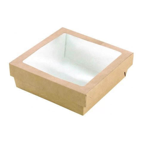 Caja cuadrada de cartón marrón con tapa ventana "Kray" 15,5 x 15,5 x 5 cm 950ml - Paquete de 250 unidades