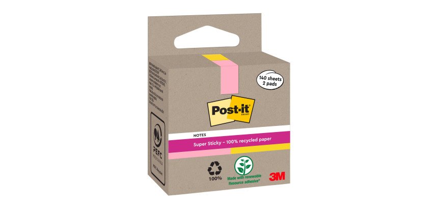 Notes repositionnables recyclées couleurs assorties pastel Post-it 76 x 76 mm - Bloc de 70 feuilles - Lot de 2