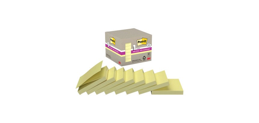Pack de 6 Z-notes repositionnables jaunes recyclées Super Sticky Post-it 76 x 76 mm - Bloc de 70 feuilles + 2 offertes
