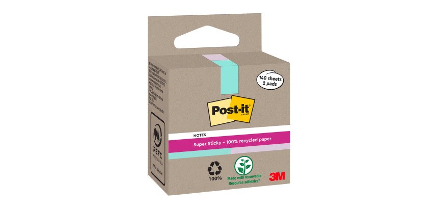 Notes repositionnables recyclées couleurs assorties pastel Post-it 76 x 76 mm - Bloc de 70 feuilles - Lot de 2