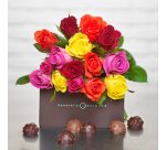 Bouquet de 15 roses Arlequin + ballotin de 570 g de rochers chocolat